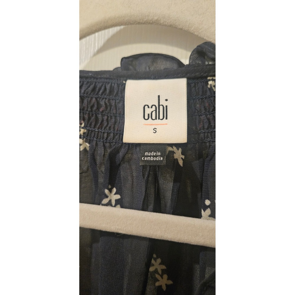 CAbi Sheer Embroidered Boho Blouse Small Navy Floral Tassel Tie Peasant Top - Picture 4 of 10